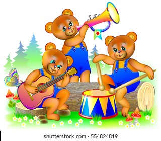 Illustration of three little teddy bears playing musical instruments in the orchestra. Vector cartoon image. 