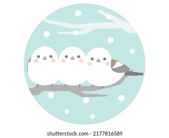 It is an illustration of three long-tailed tit perched on a branch.