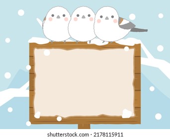 It is an illustration of three long-tailed tit perched on a wooden sign.