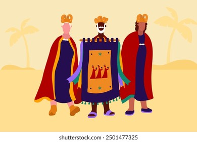 
Illustration of the Three Magi: regal figures with crowns, vibrant robes, and gifts, symbolizing the reverent journey of the Kings. Brazilian festival. 