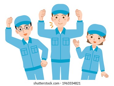 Illustration of three male and female colleagues in work clothes wearing hats