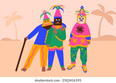 Illustration of three men in "Folia de Reis" masks: ornate, festive designs celebrating a Catholic tradition deeply rooted in Brazilian folklore.