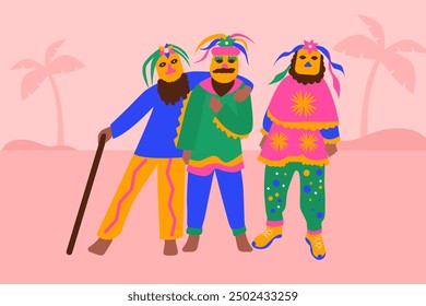 Illustration of three men in "Folia de Reis" masks: vibrant, traditional designs, reflecting the Catholic festivity and Brazilian folklore.