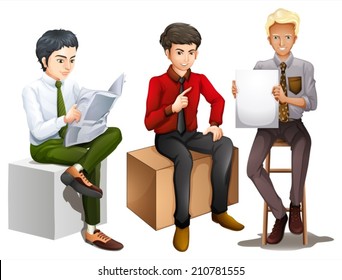 Illustration of the three men sitting down while reading, talking and holding an empty board on a white background