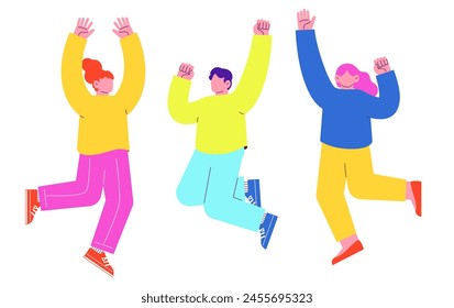 Illustration of three men and women jumping with joy. Flat RGB vector material isolated on white background