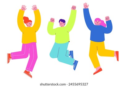 Illustration of three men and women jumping with joy. Flat RGB vector material isolated on white background