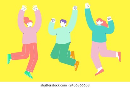 Illustration of three men and women jumping with joy. Flat RGB vector material isolated on white background