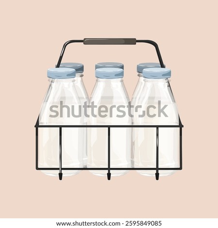 Illustration of three milk bottles in a wire carrier. The milk bottles are clear with blue caps. The wire carrier holds the milk bottles securely. Vintage vector illustration.