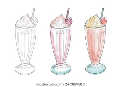 An illustration of three milkshakes, each with whipped cream and a strawberry on top. One milkshake is outlined, one is pink, and the other is peach.