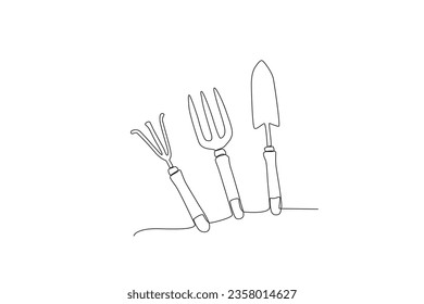 Ilustración de tres miniherramientas de jardín. Dibujo de una línea de herramientas de granja