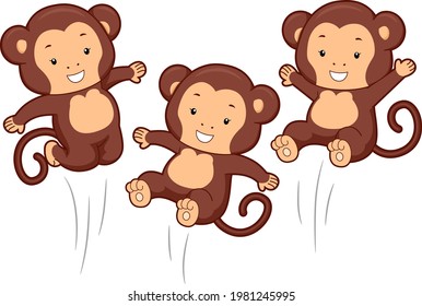 Ilustración de tres mascotas de monos sonriendo y saltando juntas