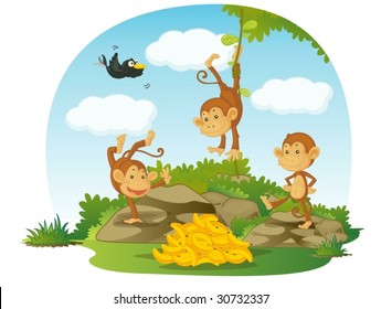 illustration of three monkeys and bananas