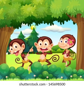 Illustration of the three monkeys dancing at the forest 