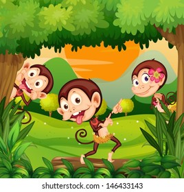 Illustration of the three monkeys dancing in the forest