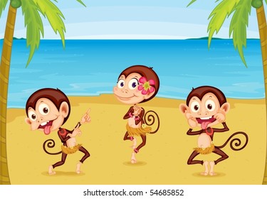 Ilustración de tres monos en una playa con un fondo colorido