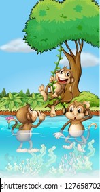 Illustration of three monkeys playing