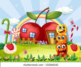 Illustration of the three monsters in front of the apple house