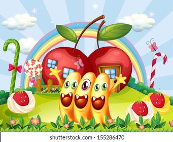 Illustration of the three monsters at the hilltop near the apple houses