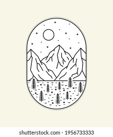 illustration of three mountains and savanna with many stars in mono line art ,badge patch pin graphic illustration, vector art t-shirt design