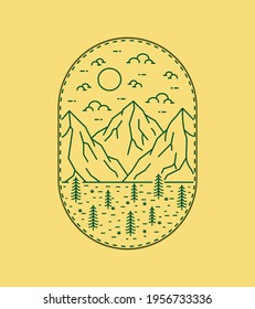 illustration of three mountains and savanna on the day in mono line art ,badge patch pin graphic illustration, vector art t-shirt design
