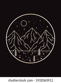 Illustration of three mountains and some pine trees with may stars in mono line art, Abstract vector illustration, T-Shirt Art, Design Vector-1