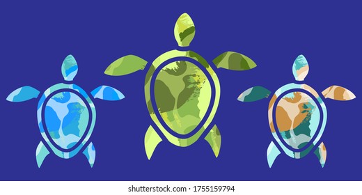 illustration of three multi-colored turtles with texture effect. abstract silhouette of tortoise. icons. Modern design for packaging, paper, fabric. print for clothes