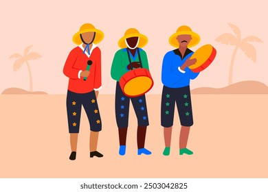 Illustration of three musicians at a Brazilian Boi Bumbá folklore event: vivid costumes and traditional instruments with a minimalist background, focusing on the lively atmosphere.