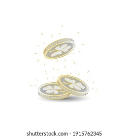 Illustration of three naturally patterned metal coins with clover leaves for the celebration of St. Patrick's Day in Ireland, celebrating luck and financial well-being