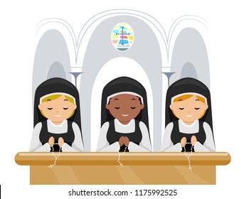 Illustration of Three Nuns Kneeling and Praying the Rosary Inside the Church
