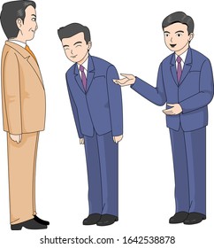 Illustration of three office workers introducing and greeting.