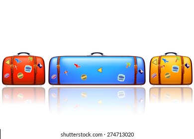 illustration of three old suit cases different color with stickers on white with very wide suitcase