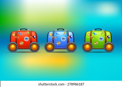 illustration of three old suitcases with stickers and wheels different color on white background