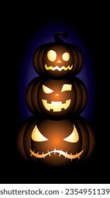 Illustration of three orange pumpkins on a black background. Halloween pumpkin.