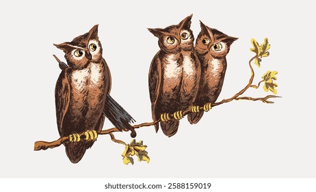 Illustration of three owls perched on a branch. The owls have detailed feathers and are surrounded by small leaves. The owls are brown with expressive eyes. Vintage bird illustration vector.