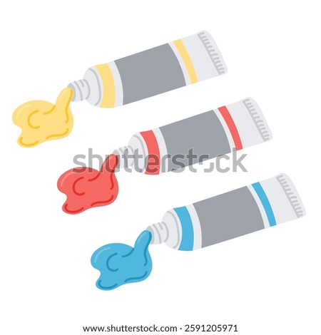 Illustration of three paint tubes squeezing out primary colors yellow, red, and blue isolated on a white background, representing creativity, and painting essentials. Vector hand drawn drawings