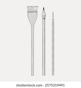 Illustration of three paintbrushes: flat, round, and pointed. Art tools, paintbrushes, and drawing supplies for artists and painters. Sketch of paintbrushes. Vintage art drawing, isolated vector.