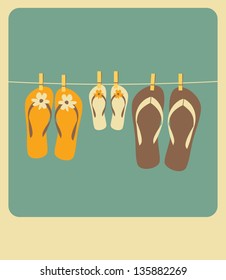 Illustration of three pairs of flip flops. Family vacation concept.