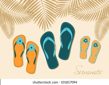 Illustration of three pairs of flip-flops on the beach. Family summer vacation concept.