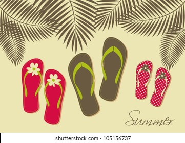 Illustration of three pairs of flip-flops on the beach. Family summer vacation concept.