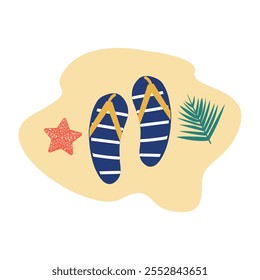 Illustration of three pairs of flip-flops on the beach. Summer vacation concept.