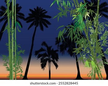 illustration with three palm trees on night background