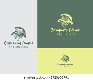 Ilustración de un diseño de logotipo de tres paneles con un hongo estilizado con el nombre de la empresa y el lema en fondos de colores variados editables