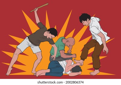 Illustration Of Three People Beating A Man, Gang Violence - Vector