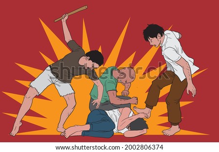 illustration of three people beating a man, gang violence - vector