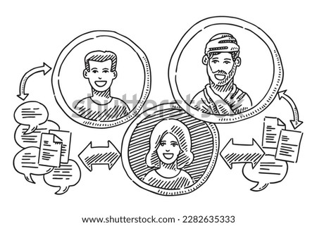 Illustration of three people in circles connected by arrows, representing communication. Speech bubbles and documents around them suggest discussion and collaboration.