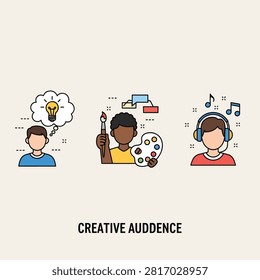 Illustration of three people collaborating on creative projects with lightbulb music and gear symbols