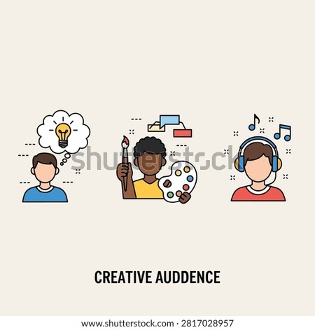 Illustration of three people collaborating on creative projects with lightbulb music and gear symbols