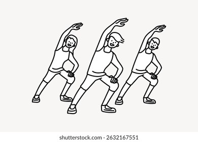 Illustration of three people exercising, performing side stretches. Simple line art of a group workout, showing synchronized movement and fitness activity. Person, character illustration vector.