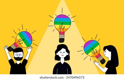 Illustration von drei Menschen mit Glühbirnen in den Farben des Regenbogens, Symbol der Kreativität und Teamarbeit, geschlechterdiversifiziertes Team, auf einem lebendigen gelben Hintergrund.