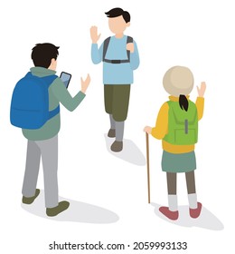 Illustration of three people meeting for mountain climbing